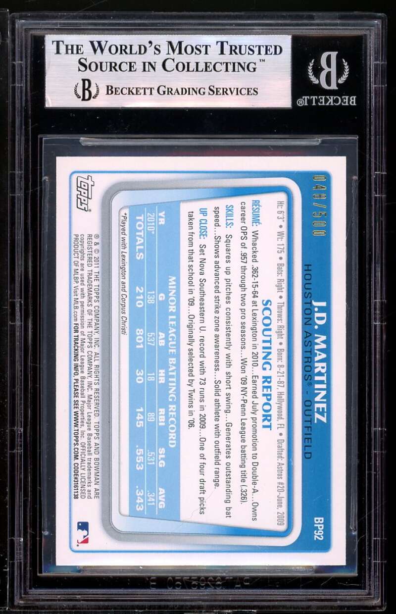 J.D. Martinez Rookie Card 2011 Bowman Prospects Blue #BDP92 BGS 9 Image 2