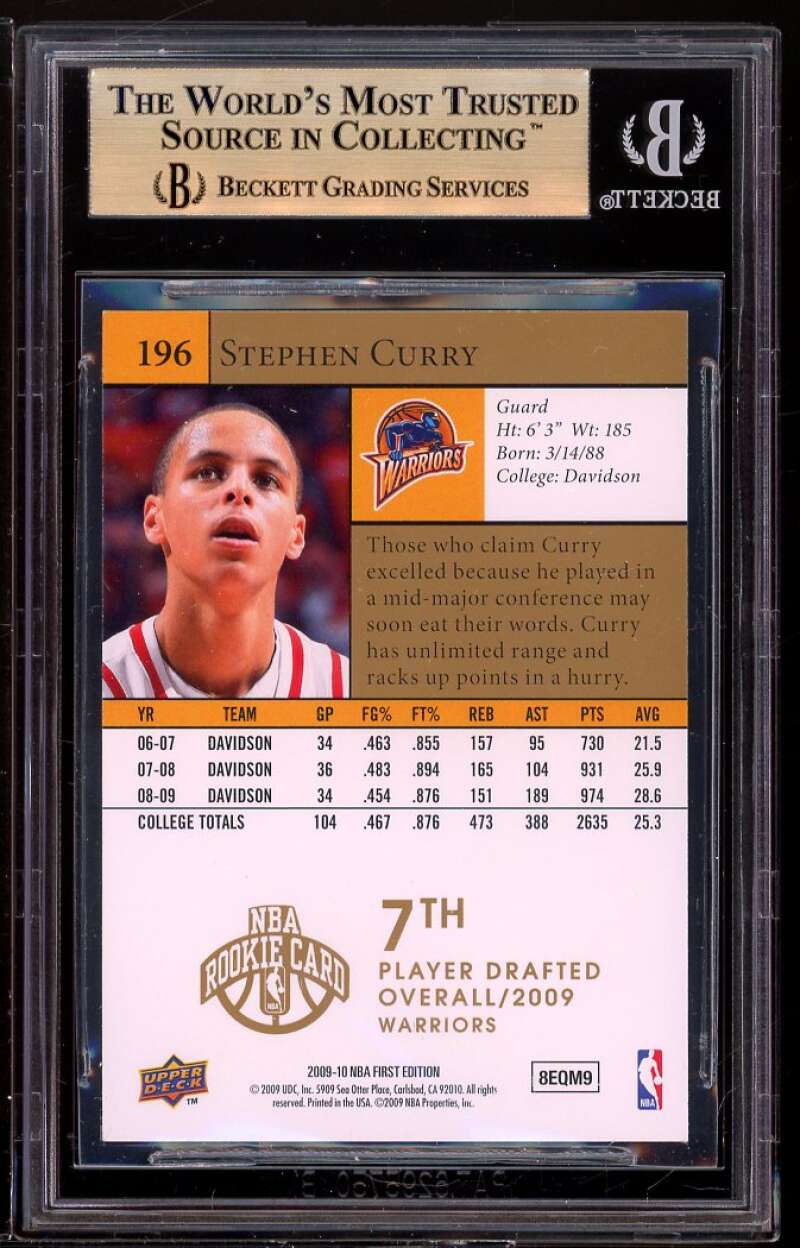 Stephen Curry Rookie 2009-10 UD First Edition Gold #196 BGS 9.5 (9.5 9 9.5 9.5) Image 2