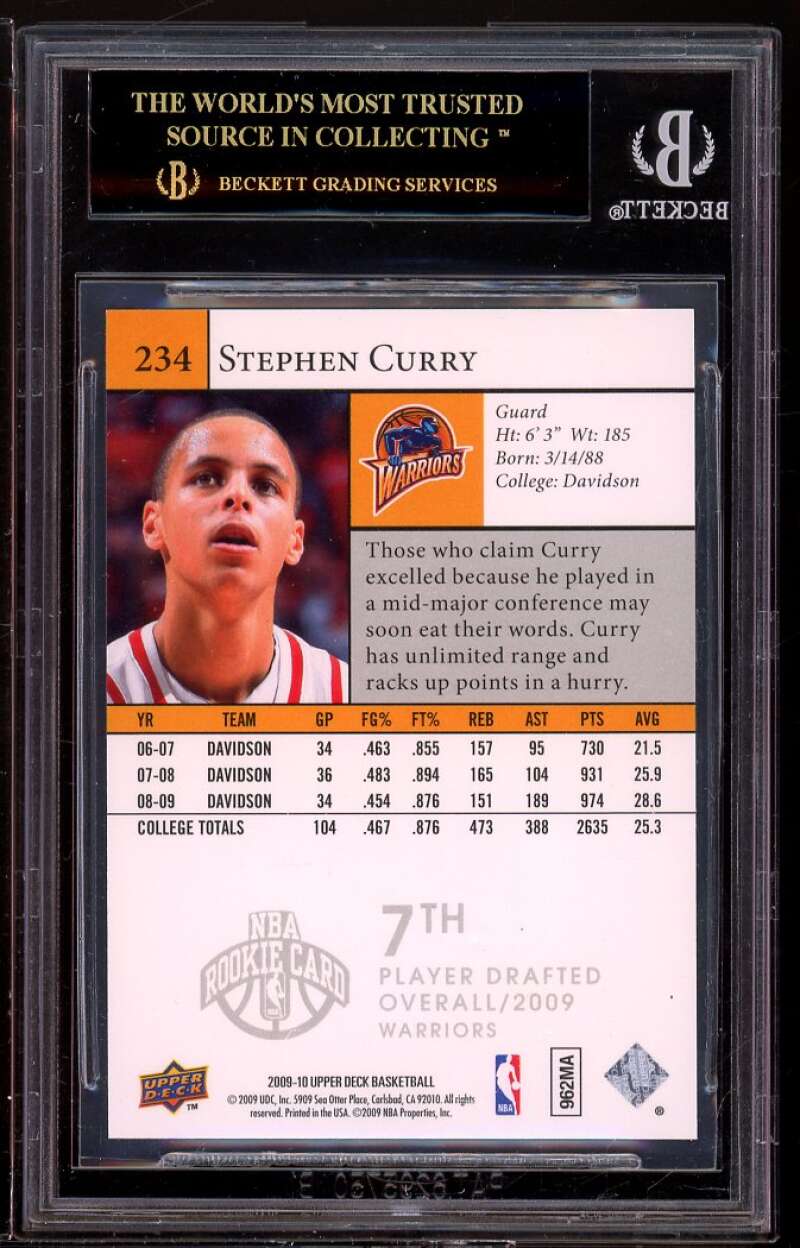 Stephen Curry Rookie Card 2009-10 Upper Deck #234 (BLACK LABEL PRISTINE) BGS 10 Image 2