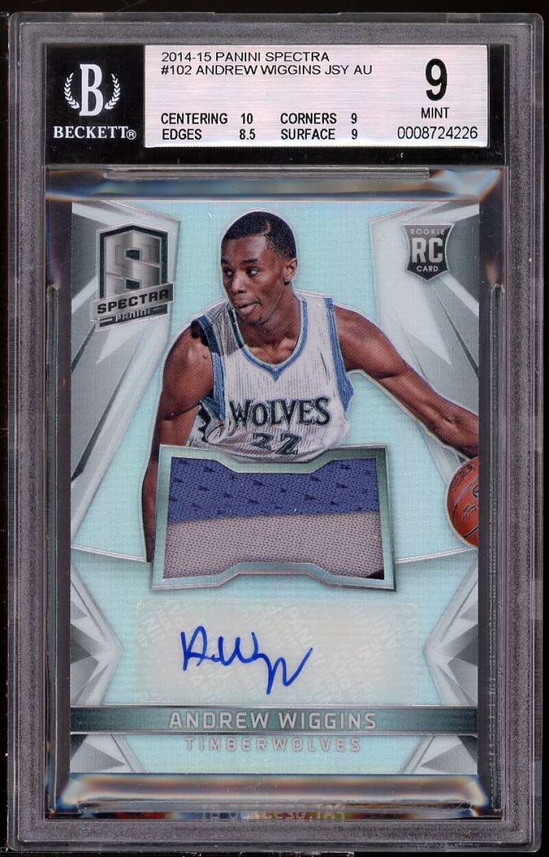 Andrew Wiggins Rookie Card 2014-15 Panini Spectra JSY AU #102 BGS 9 (10 9 8.5 9) Image 1