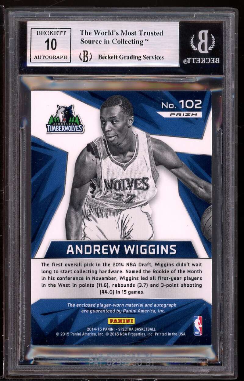 Andrew Wiggins Rookie Card 2014-15 Panini Spectra JSY AU #102 BGS 9 (10 9 8.5 9) Image 2