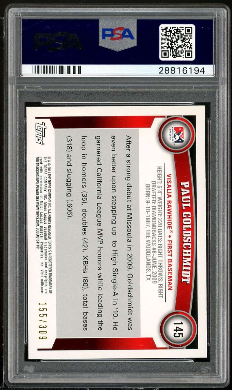 Paul Goldschmidt Rookie Card 2011 Topps Pro Debut Blue #145 PSA 9 Image 2