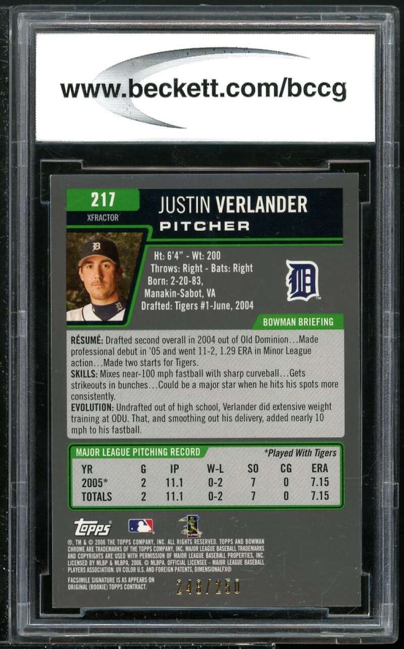 2006 Bowman Chrome X-fractors #217 Justin Verlander Rookie Card BGS BCCG 10 Mint Image 2