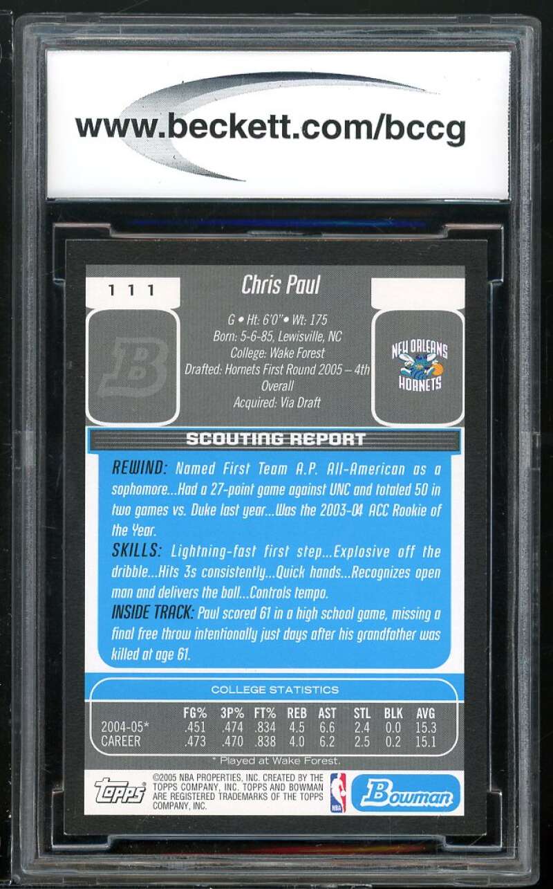 2005-06 Bowman #111 Chris Paul Rookie Card BGS BCCG 9 Near Mint+ Image 2