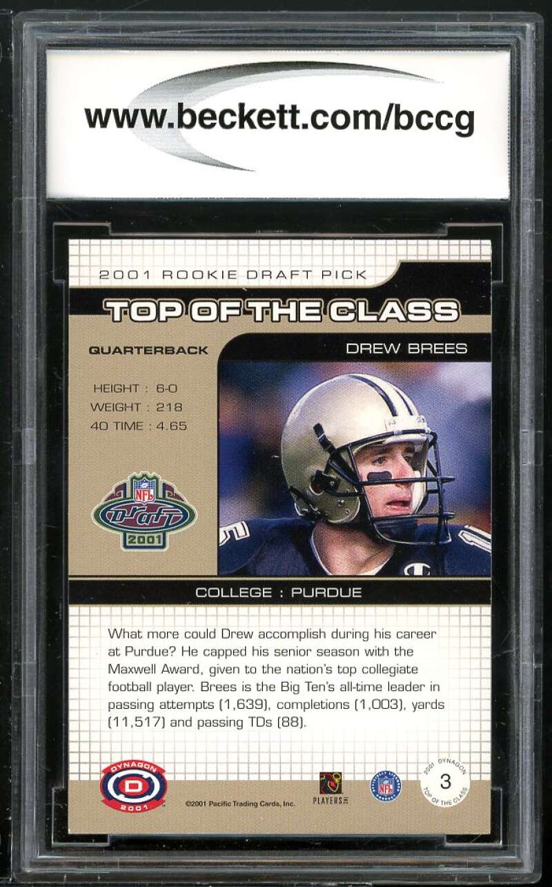 2001 Pacific Dynagon Top Of The Class #3 Drew Brees Rookie BGS BCCG 9 Near Mint+ Image 2