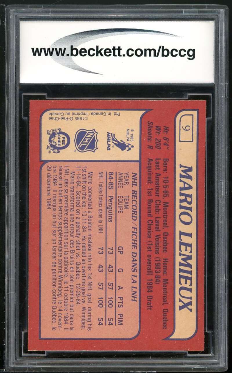 1985-86 O-Pee-Chee #9 Mario Lemieux Rookie Card BGS BCCG 9 Near Mint+ Image 2