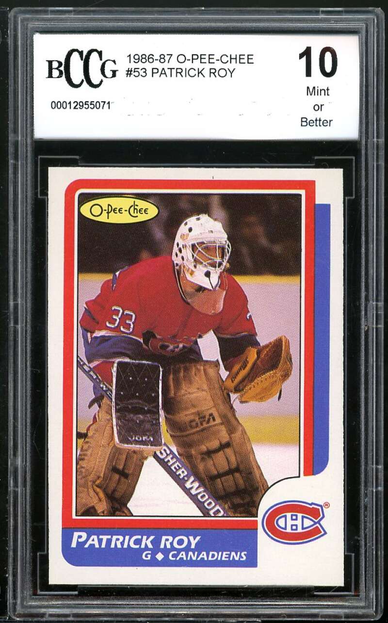 1986-87 O-Pee-Chee #53 Patrick Roy Rookie Card BGS BCCG 10 Mint+ Image 1