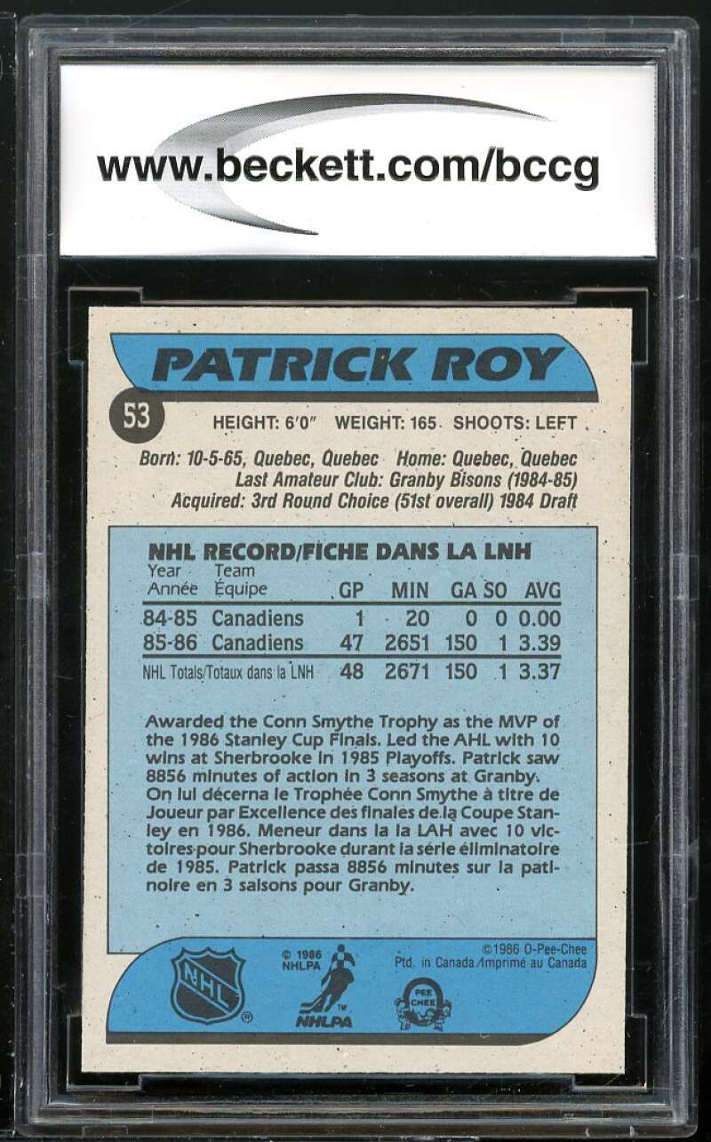 1986-87 O-Pee-Chee #53 Patrick Roy Rookie Card BGS BCCG 10 Mint+ Image 2