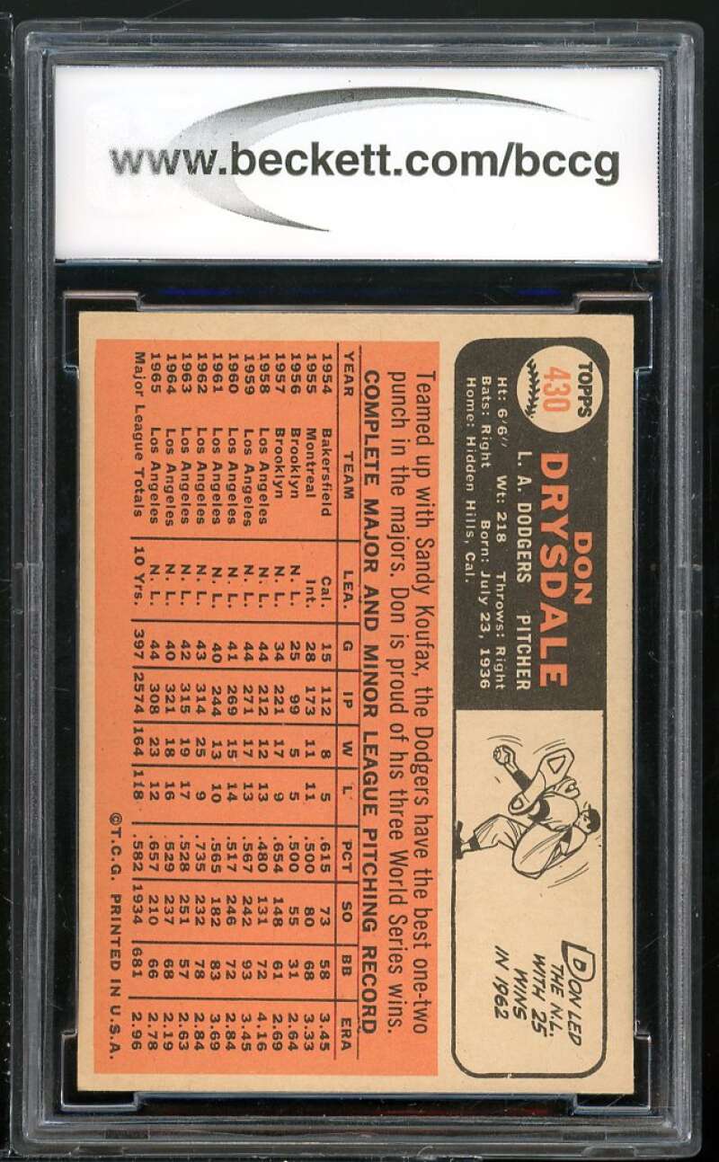 1966 Topps #430 Don Drysdale Card BGS BCCG 9 Near Mint+ Image 2