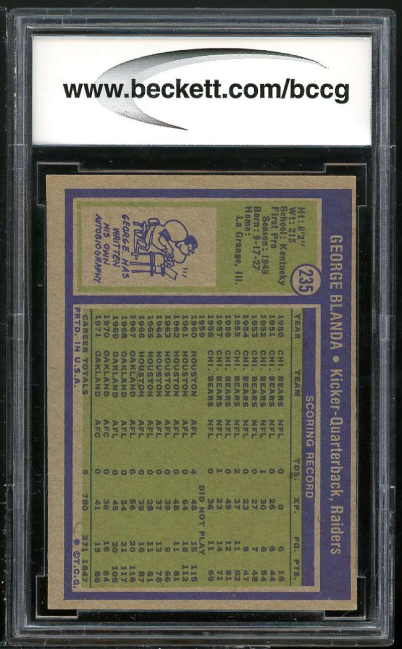 1972 Topps #235 George Blanda Card BGS BCCG 9 Near Mint+ Image 2