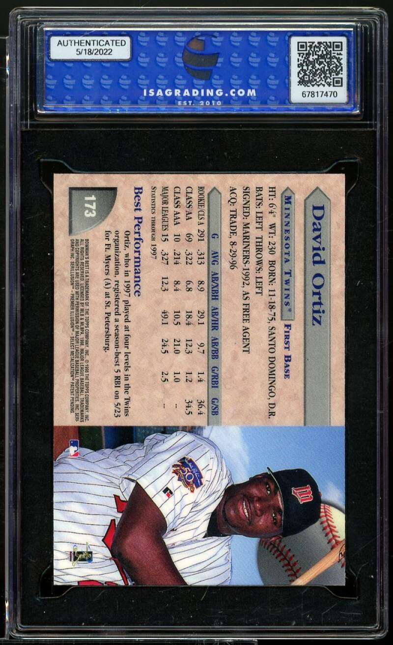 David Ortiz Rookie Card 1998 Bowman's Best #173 ISA 10 GEM MINT Image 2