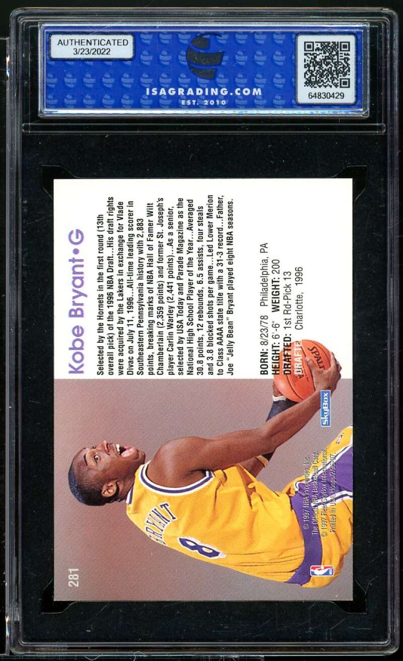 Kobe Bryant Rookie Card 1996-97 Hoops #281 ISA 9 MINT Image 2