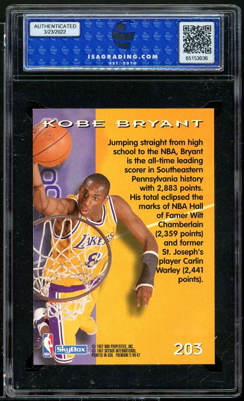 Kobe Bryant Rookie Card 1996-97 SkyBox Premium #203 ISA 9 MINT Image 2