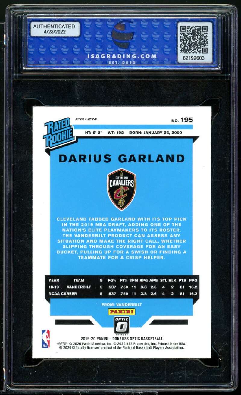 Darius Garland Rookie 2019-20 Donruss Optic Purple Shock #195 ISA 10 GEM MINT Image 2