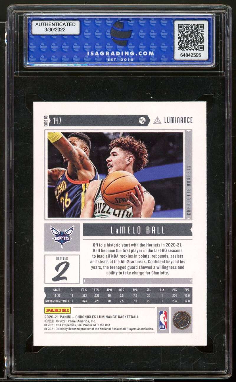 LaMelo Ball Rookie Card 2020-21 Panini Chronicles Luminance #147 ISA 10 GEM MINT Image 2