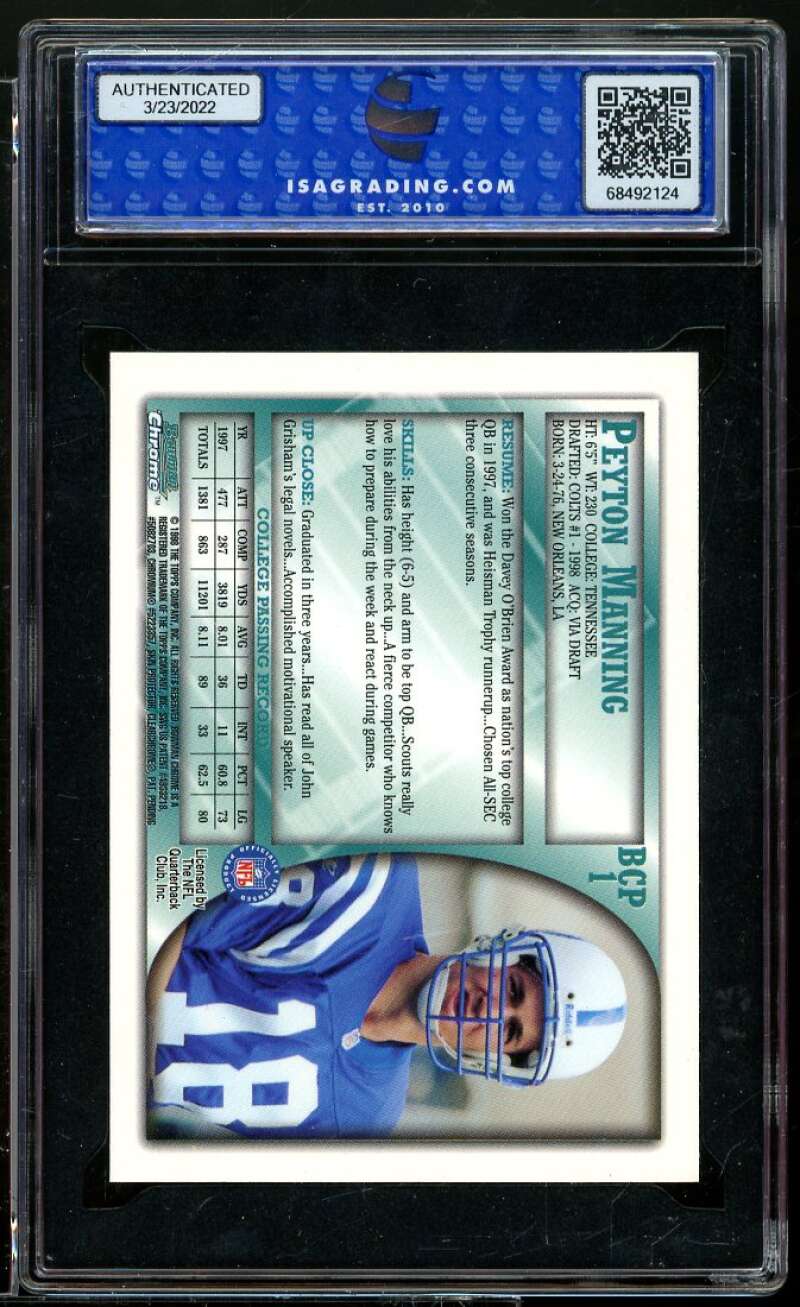 Peyton Manning Rookie Card 1998 Bowman Chrome Preview #BCP1 ISA 9 MINT Image 2