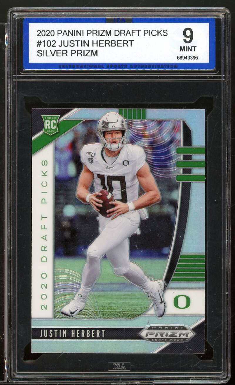 Justin Herbert Rookie 2020 Panini Prizm Draft Picks Silver Prizm #102 ISA 9 MINT Image 1