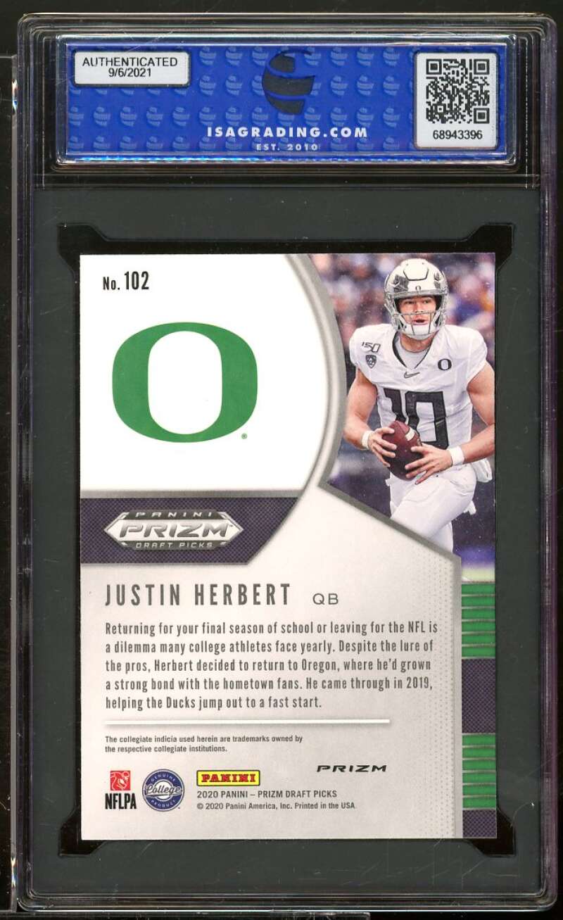 Justin Herbert Rookie 2020 Panini Prizm Draft Picks Silver Prizm #102 ISA 9 MINT Image 2