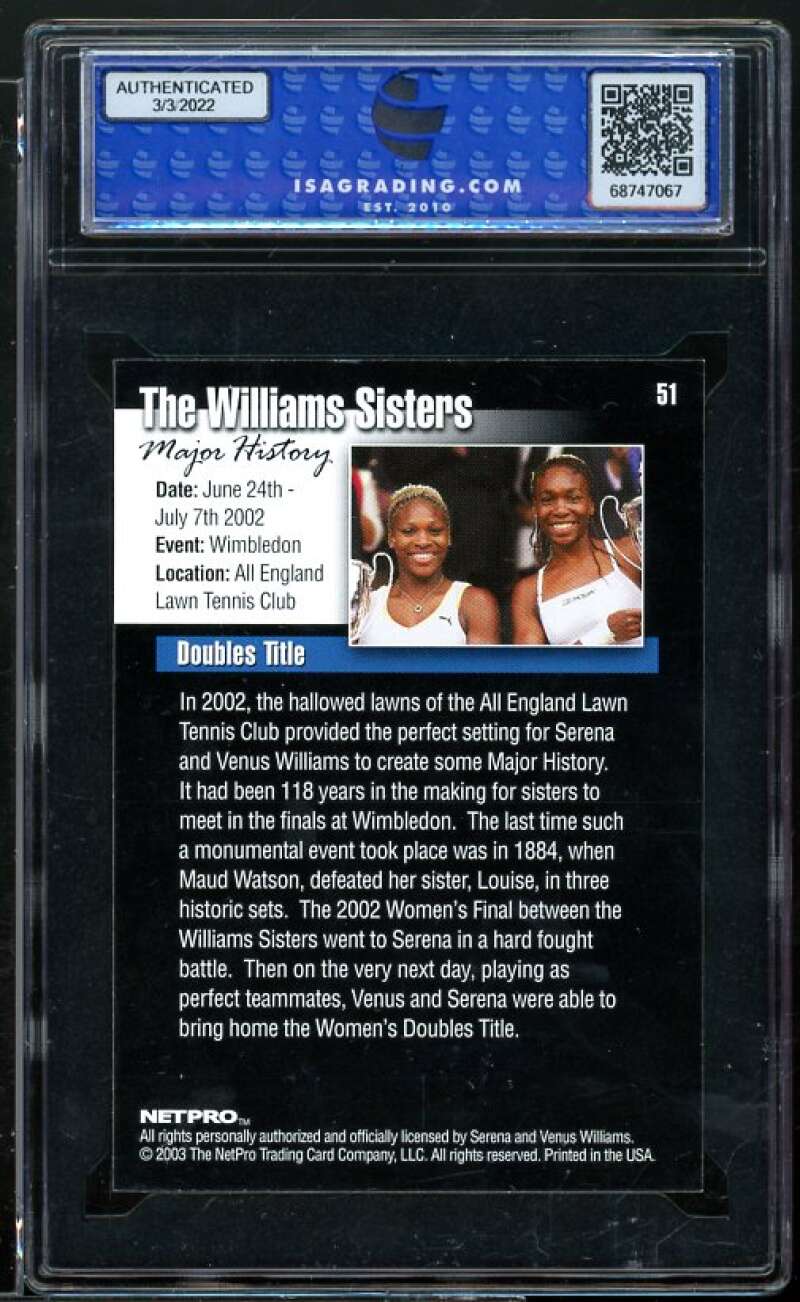 The Williams Sisters Rookie Card 2003 Netpro #51 ISA 10 GEM MINT Image 2