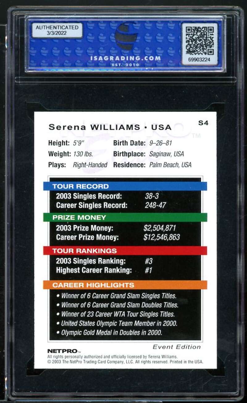Serena Williams Rookie Card 2003 Netpro Event Edition Starter #S4 ISA 9 MINT Image 2
