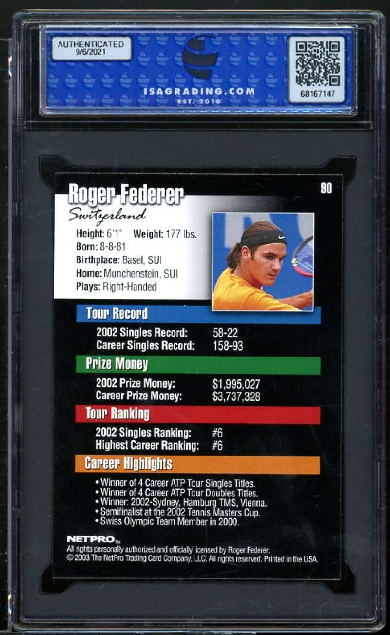 Roger Federer Rookie Card 2003 Netpro #90 ISA 10 GEM MINT Image 2
