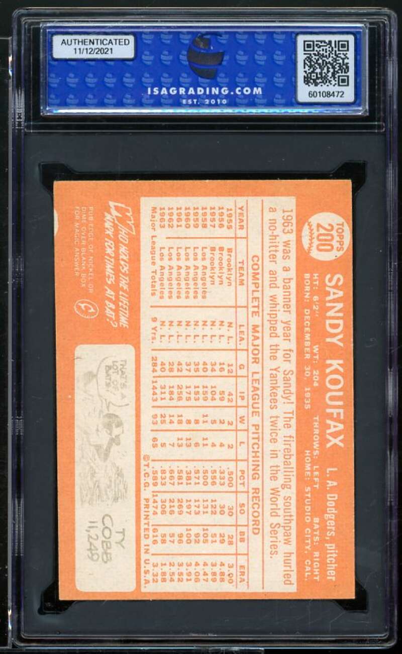 Sandy Koufax Card 1964 Topps #200 ISA 5.5 EX+ Image 2