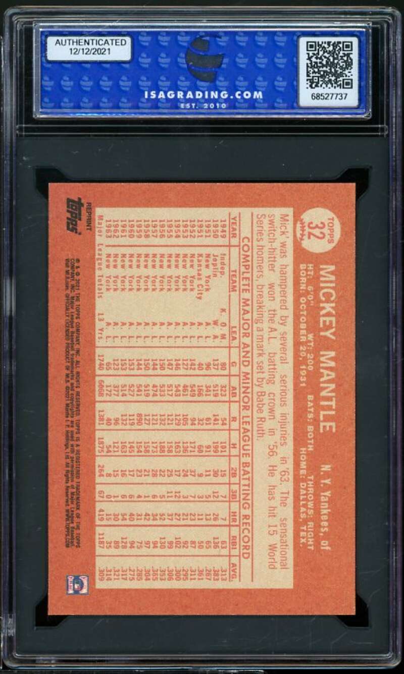 Mickey Mantle Card 2021 Topps X Mantle Collection 1964 Topps #32 ISA 9 MINT Image 2