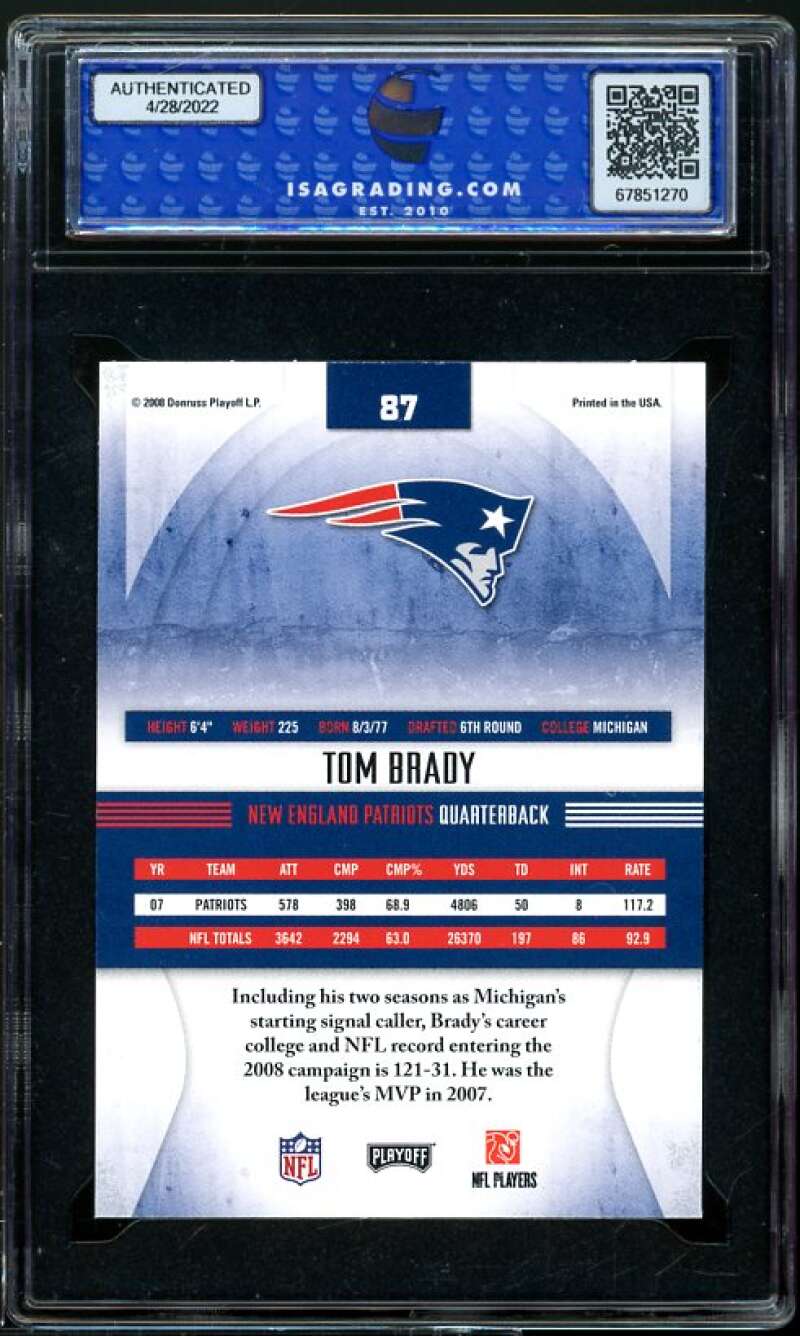 Tom Brady Card 2008 Playoff Absolute Memorabilia Retail #87 ISA 10 GEM MINT Image 2