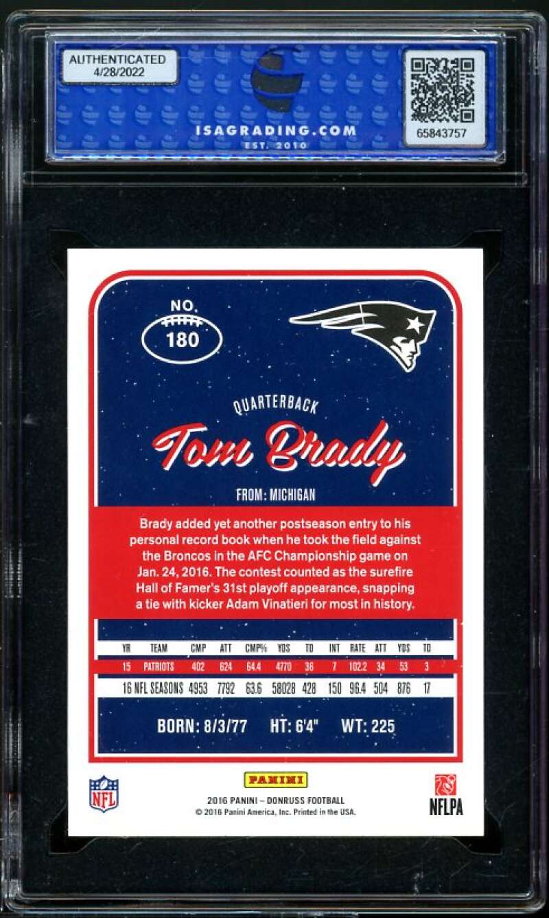 Tom Brady Card 2016 Panini Donruss #180 ISA 10 GEM MINT Image 2