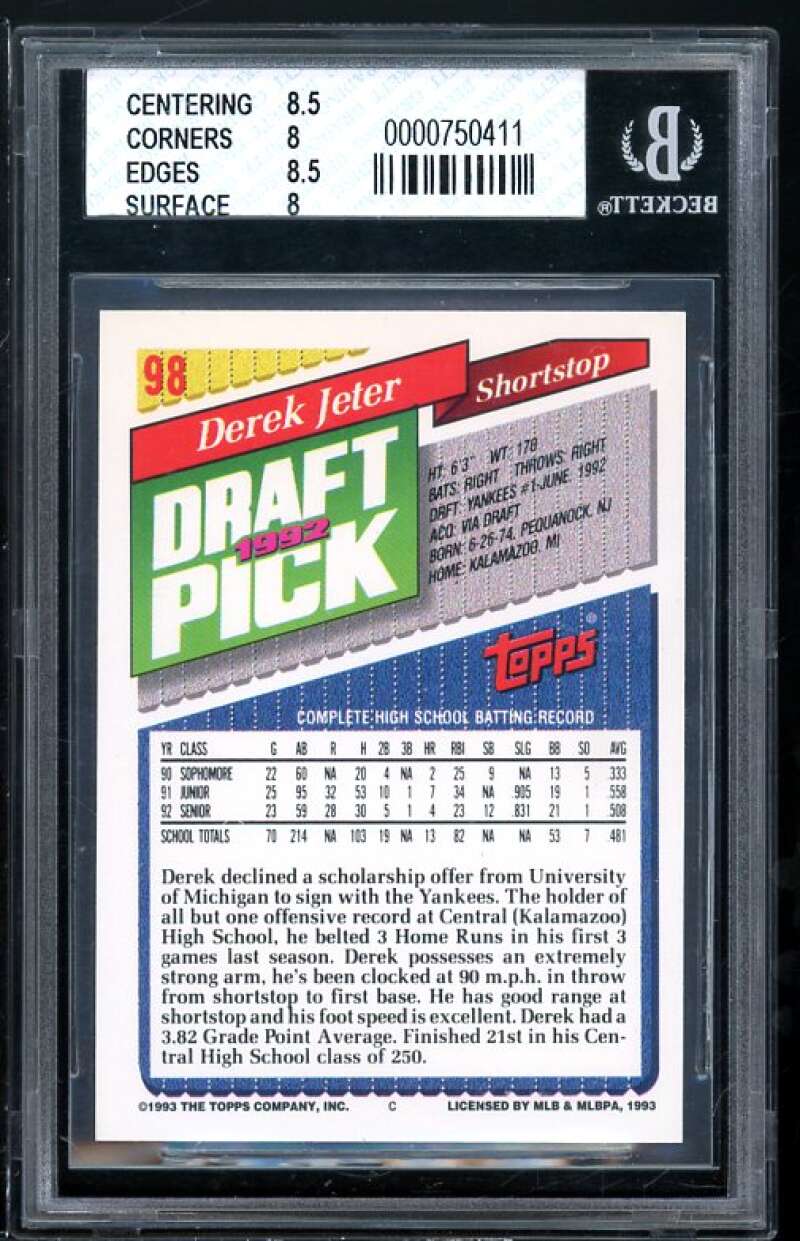 Derek Jeter Rookie Card 1993 Topps Gold #98 BGS 8 (8.5 8 8.5 8) Image 2