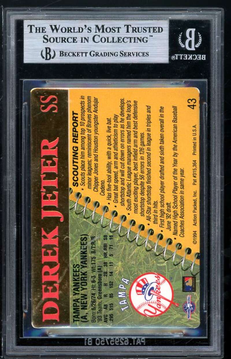 Derek Jeter Rookie Card 1994 Action Packed Minors #43 BGS 9 (9.5 9 9 9) Image 2