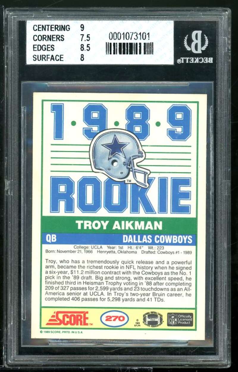 Troy Aikman Rookie Card 1989 Score #277 BGS 8 (9 7.5 8.5 8) Image 2