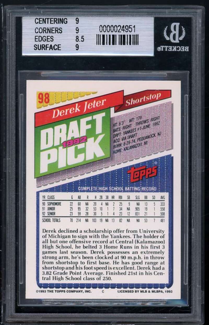 Derek Jeter Rookie Card 1993 Topps Gold #98 BGS 9 (9 9 8.5 9) Image 2