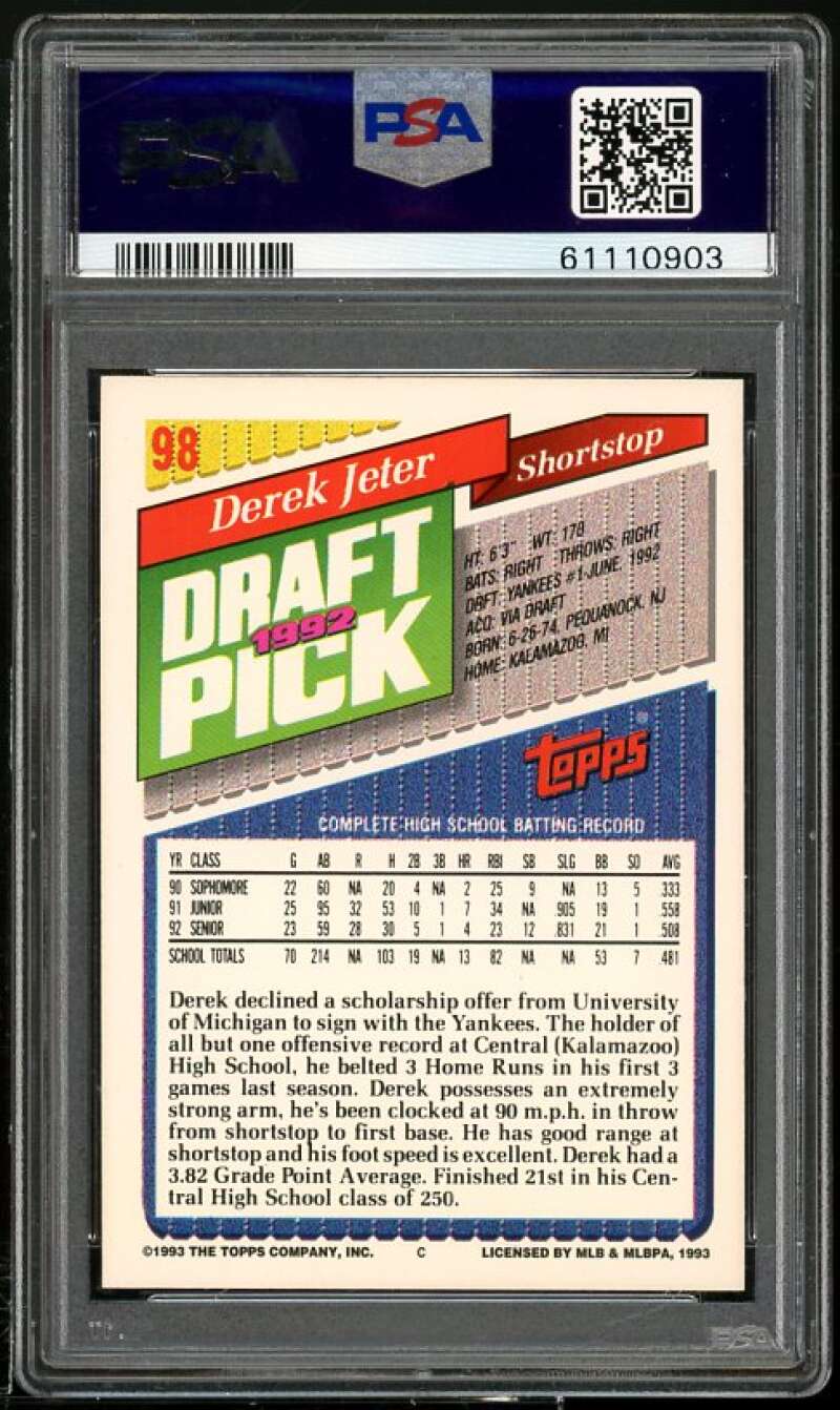 Derek Jeter Rookie Card 1993 Topps Gold #98 PSA 9 Image 2