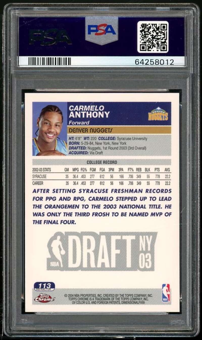 Carmelo Anthony Rookie Card 2003-04 Topps Chrome Refractor #113 PSA 10 Image 2