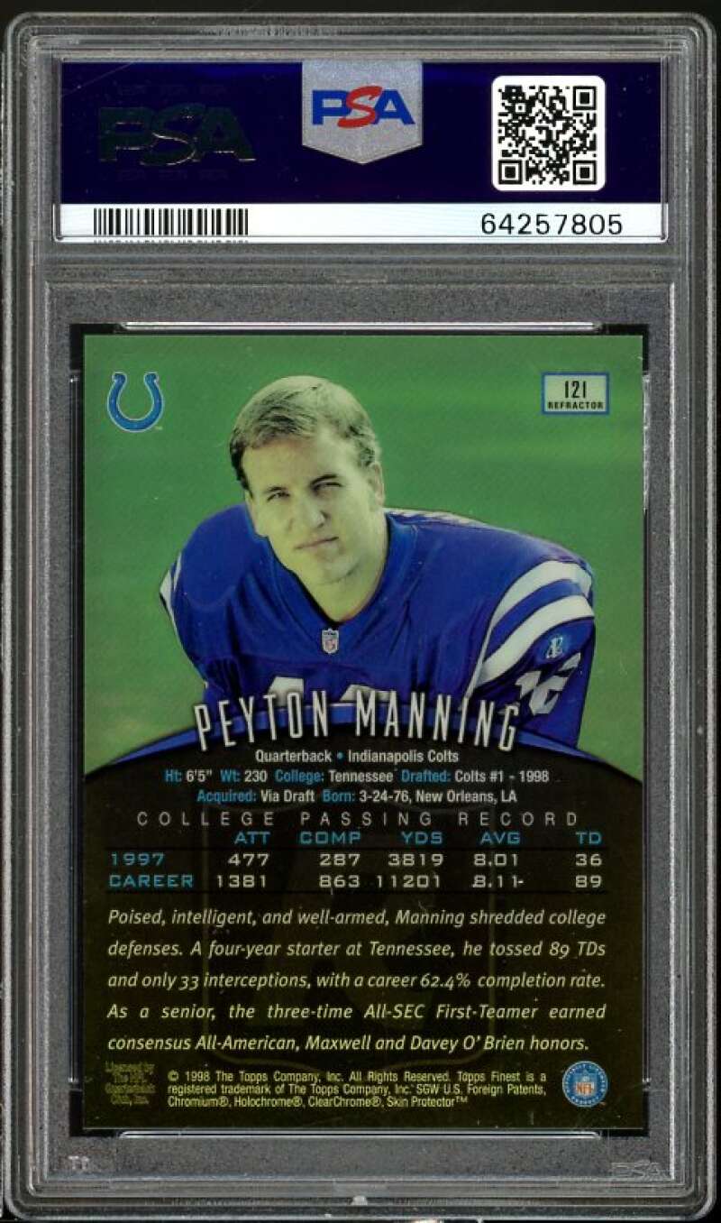 Peyton Manning Rookie Card 1998 Finest Non-Proteced Refractor #121 PSA 7 Image 2