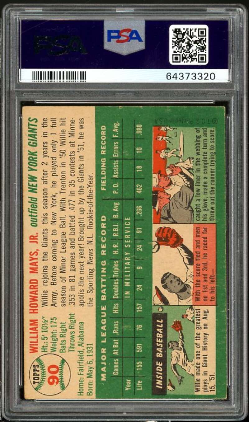 Willie Mays Card 1954 Topps #90 PSA 4 Image 2