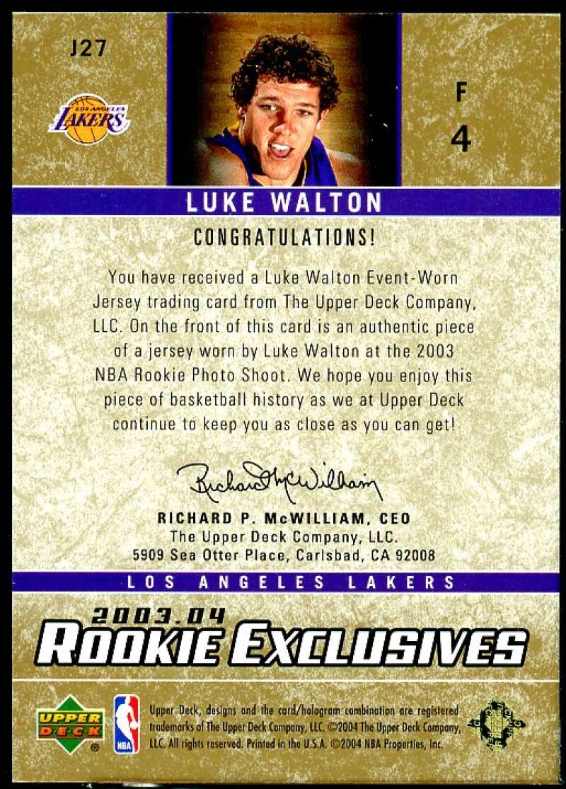 Luke Walton Card 2003-04 Upper Deck Rookie Exclusives Jerseys #J27  Image 2