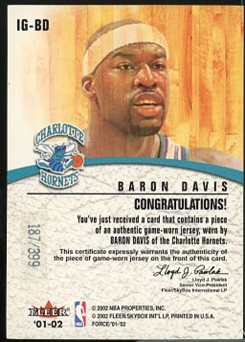 Baron Davis Card 2001-02 Fleer Force Inside the Game Jerseys #10  Image 2