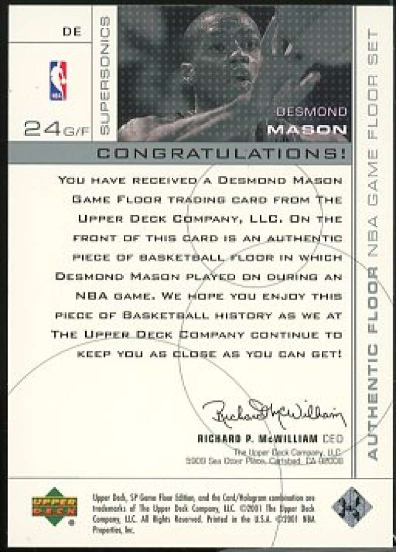 Desmond Mason Card 2000-01 SP Game Floor Authentic Floor #DE  Image 2