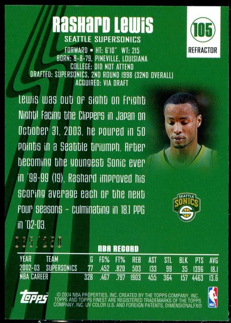 Rashard Lewis Card 2003-04 Finest Refractors #105  Image 2