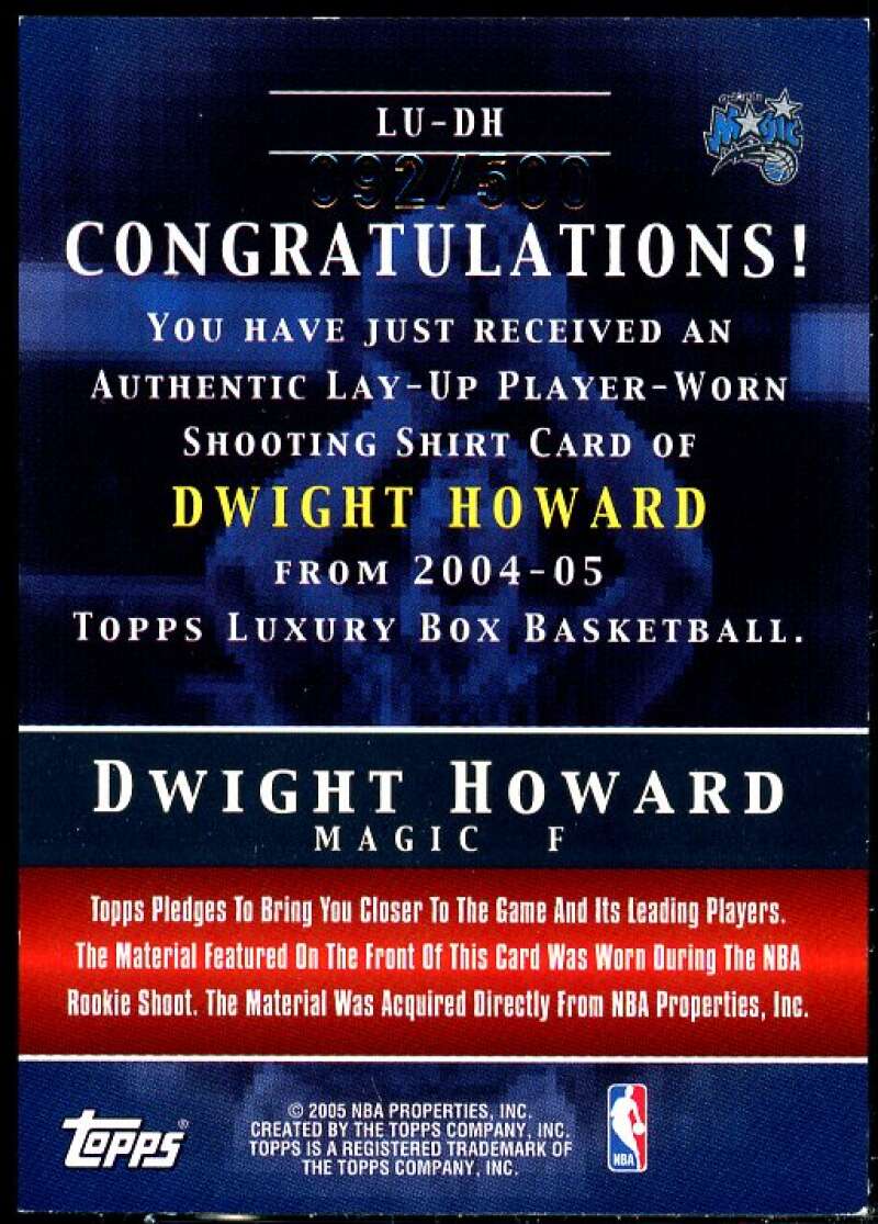 Dwight Howard Card 2004-05 Topps Luxury Box Lay-Up Relics #DH  Image 2