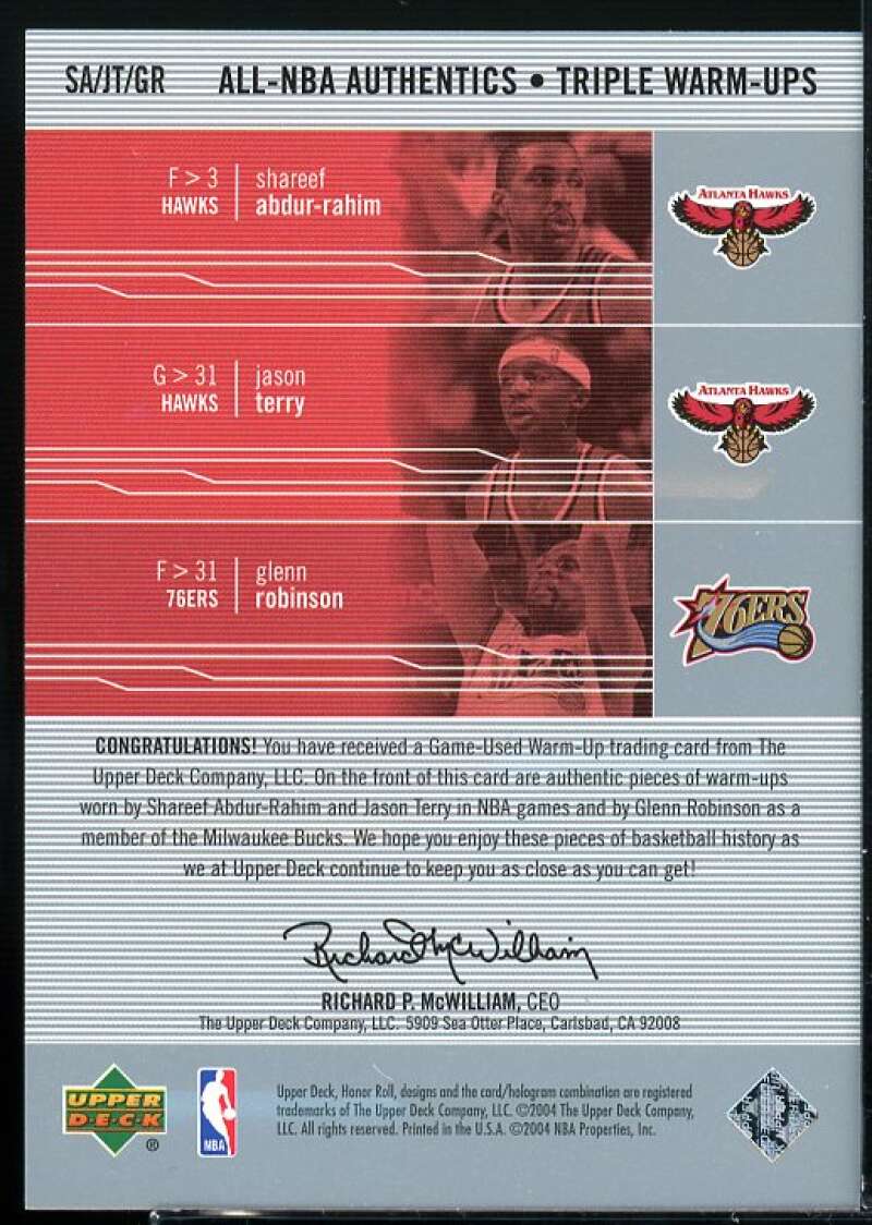 Abdur-Rahim / Robinson / Terry 2003-04 Upper Deck Honor Roll Triple Warm Ups #8  Image 2