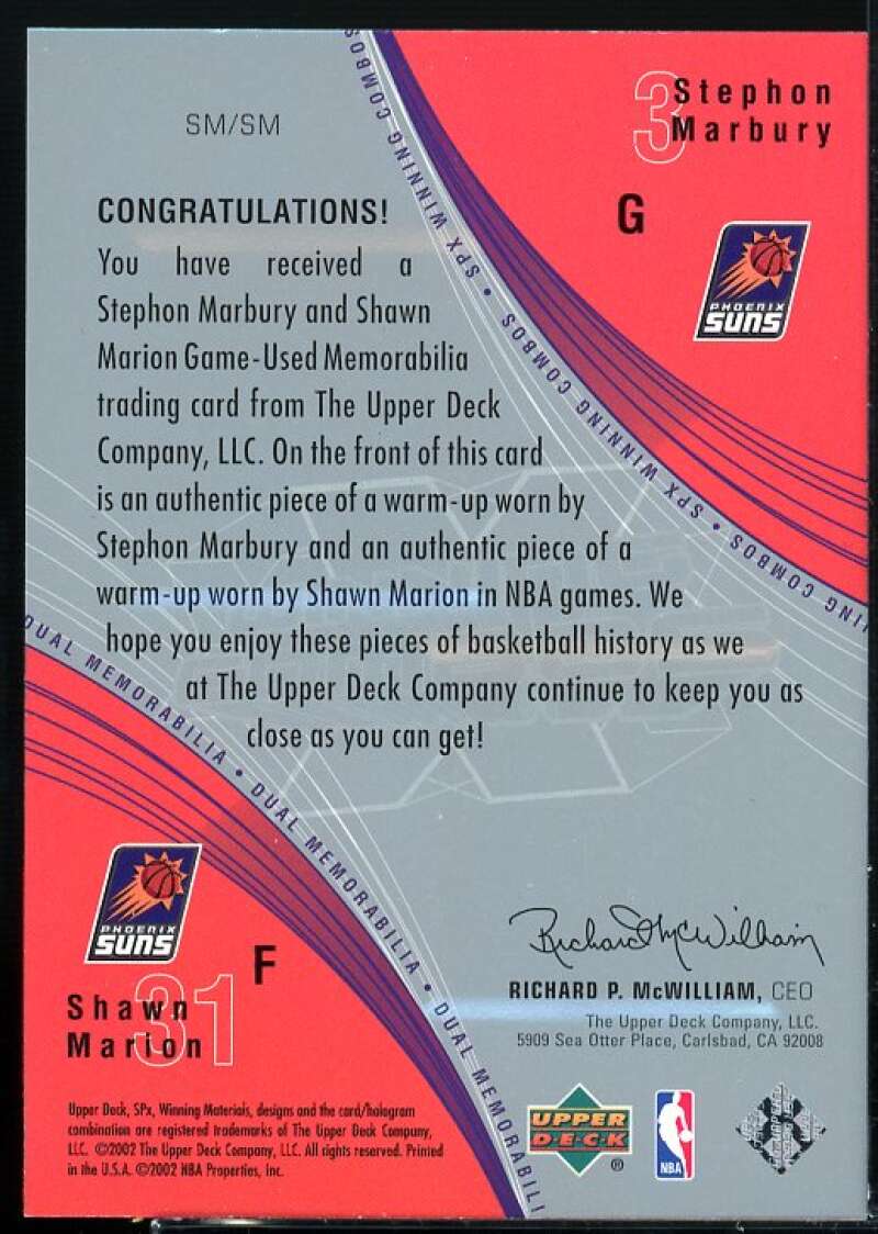 Stephon Marbury/Shawn Marion Card 2002-03 SPx Winning Combos #SMSM  Image 2