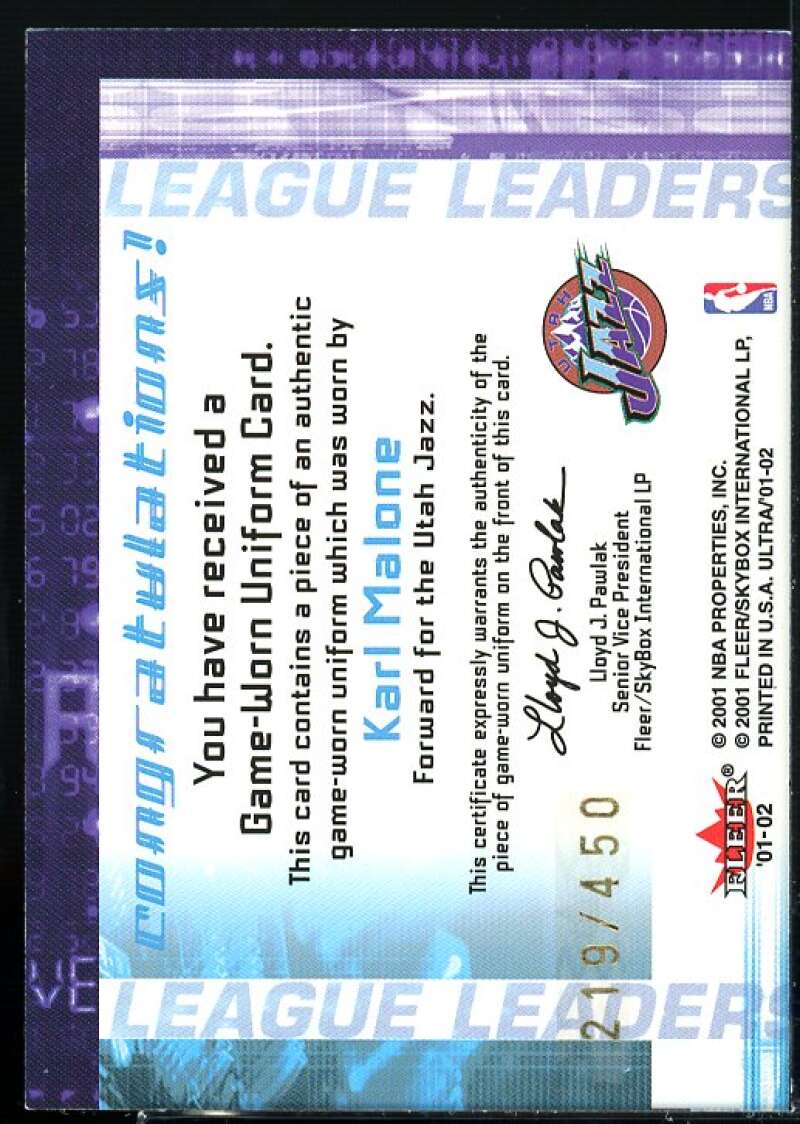 Karl Malone Card 2001-02 Ultra League Leaders Game Worn #5  Image 2