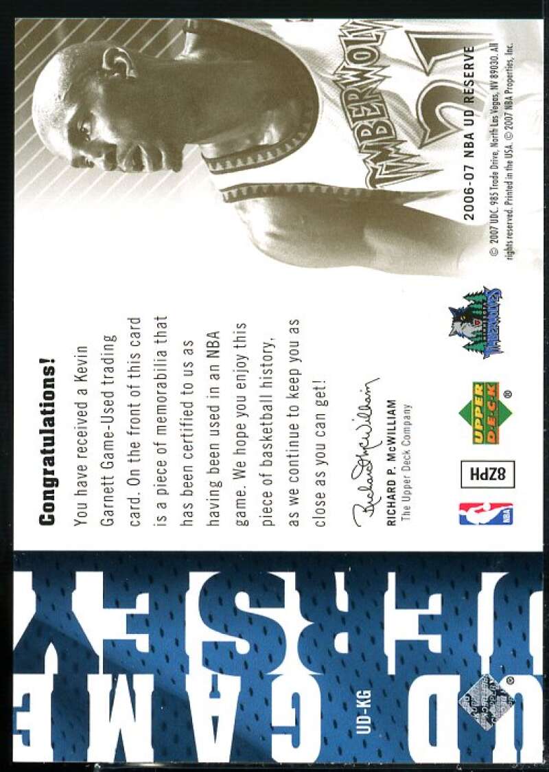 Kevin Garnett Card 2006-07 UD Reserve Game Jerseys #KG  Image 2