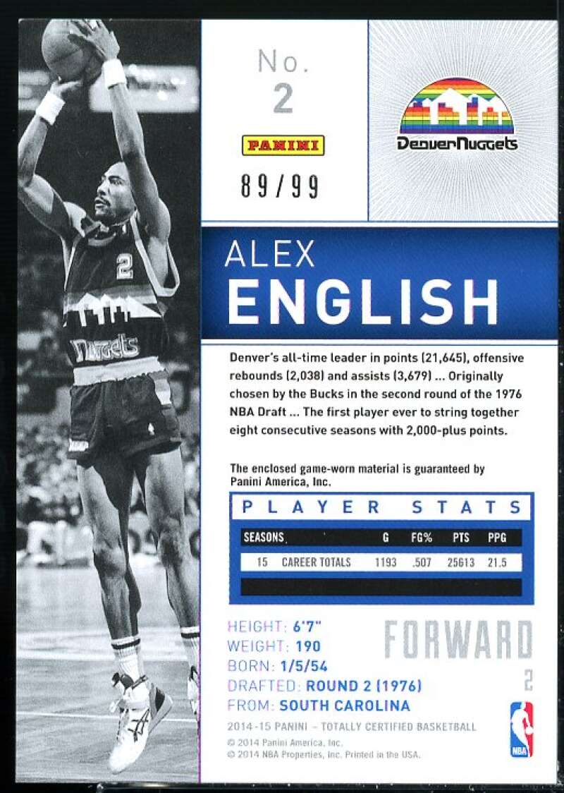 Alex English Card 2014-15 Totally Certified Jerseys Blue #2  Image 2