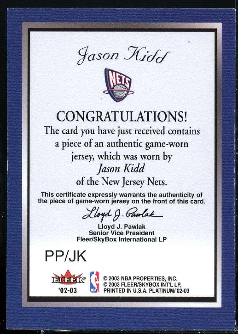 Jason Kidd Card 2002-03 Fleer Platinum Portraits Game Worn Jerseys #JK  Image 2