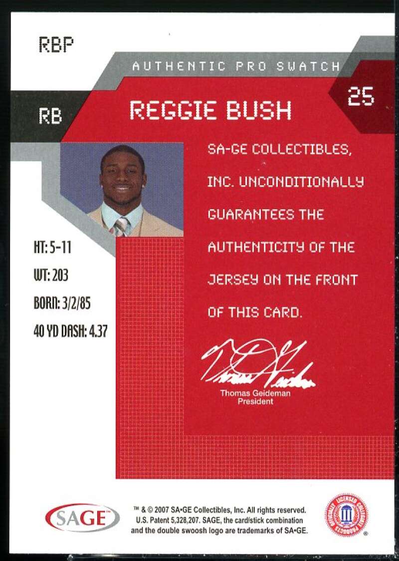 Reggie Bush Card 2007 SAGE HIT Jersey Bonus Red Pro #RBP  Image 2