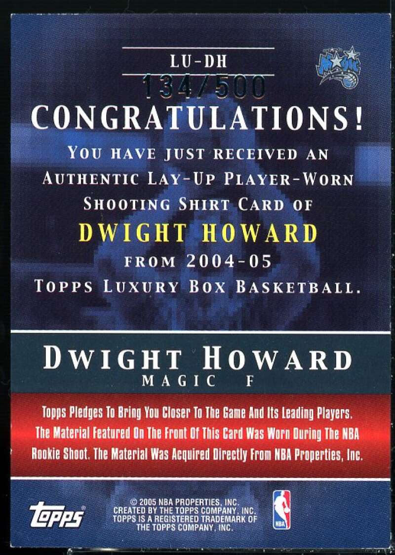 Dwight Howard Card 2004-05 Topps Luxury Box Lay-Up Relics #DH  Image 2